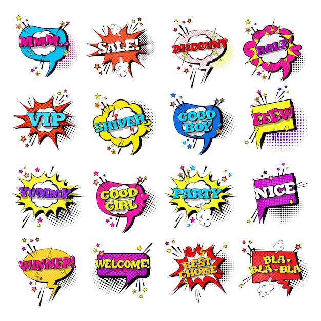 Comic speech chat bubble set pop art stil sound ausdruck text icons sammlung