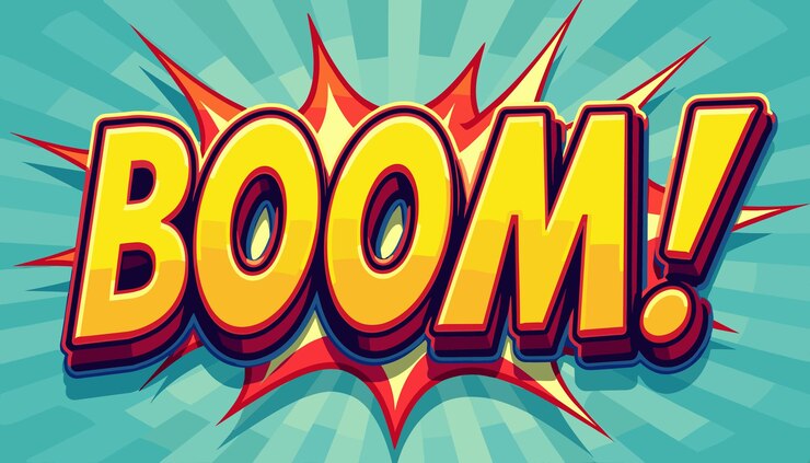 Vektor comic-stil 39boom39 explosion text mit lebendigen farben und dynamischem hintergrund