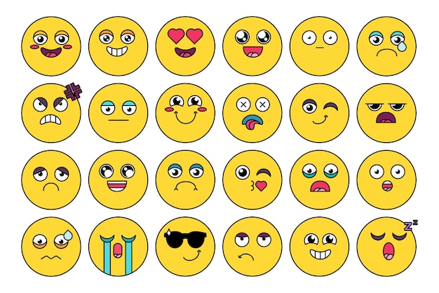 Comic, süßes emoji-aufkleberpaket. lustiger emoticon, social-media-cartoon-kopfsatz. stimmungsausdruck