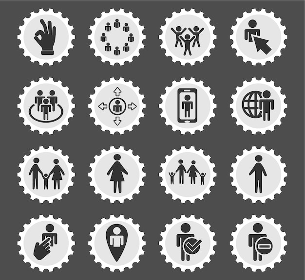 Community-icons auf stilisierten runden briefmarken