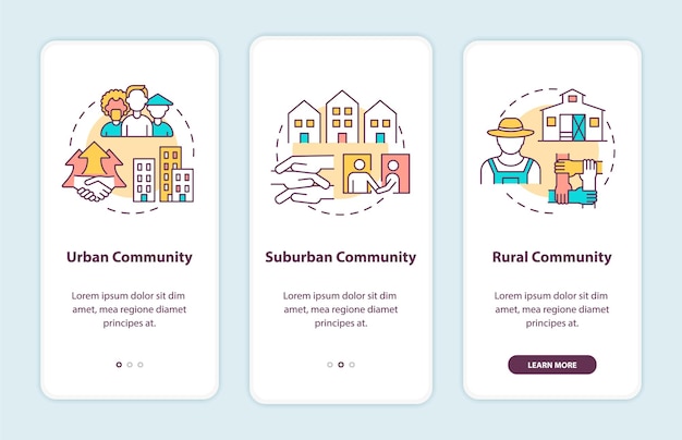 Community-typen onboarding-seitenbildschirm für mobile apps mit konzepten.