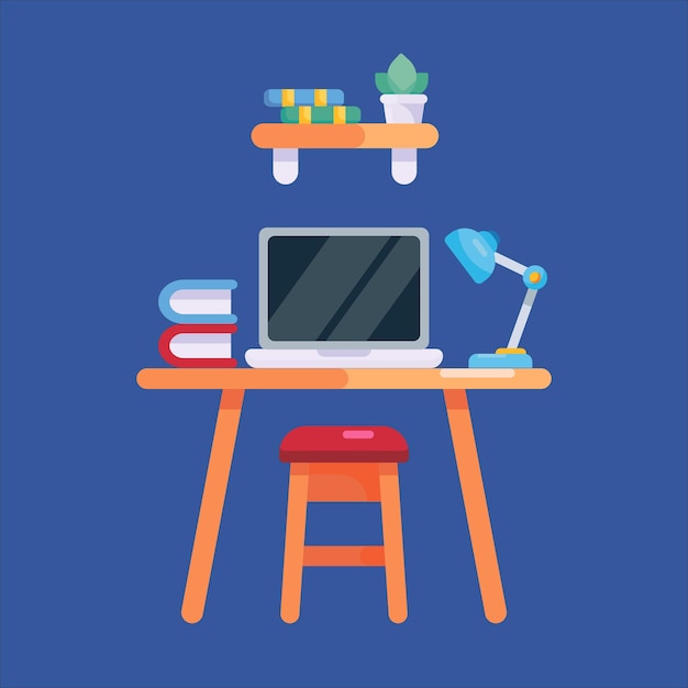 Computer mit Holztisch mit Lampe Bücher Kaktus