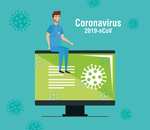 Computer mit Informationen von 2019-nCoV und Sanitäter