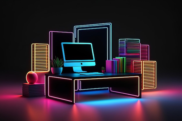 Computer mit neonlichtern und leuchtenden linien 3d-rendering-computer mit neonlicht und leuchtendem licht
