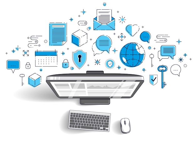 Computer mit Statistik-Infografiken und Symbolen, Online-Geschäft, elektronische Internet-Finanzen, Vektordesign.