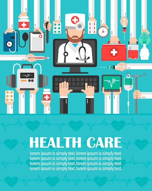 Computer-online-set für das gesundheitswesen mit flachem design des arztes lorem ipsum ist einfach textvector illustration