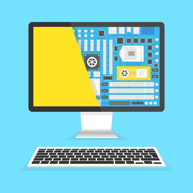 Vektor computer-reparaturdienst. motherboard im abschnitt des bildschirms