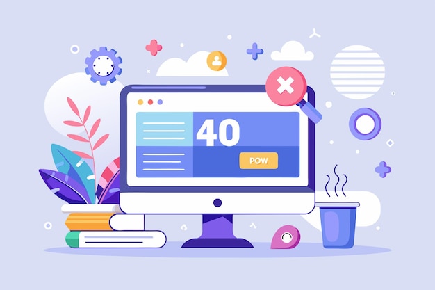 Computerbildschirm mit wiederholter Zahl vierzig Anzeige Fehler Seite Design Konzept 404 Fehler Seite Designkonzept Computer Bildschirm mit Fehler Einfache und minimalistische flache Vektor-Illustration