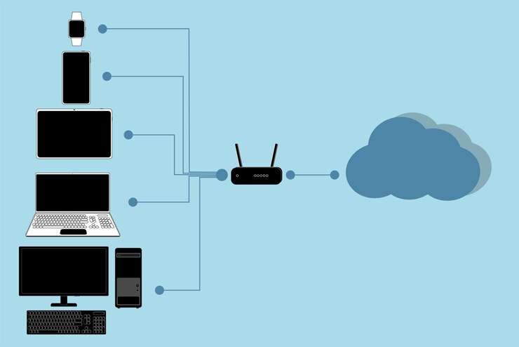 Vektor computergeräte verbinden sich über das cloud-internet