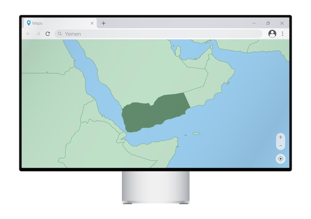 Computermonitor mit karte des jemen im browser, suchen sie im web-mapping-programm nach dem land jemen.