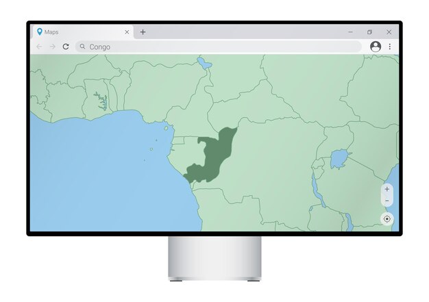 Computermonitor mit Karte des Kongo im Browser, suchen Sie im Web-Mapping-Programm nach dem Land Kongo.