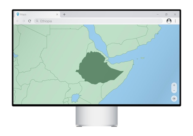 Computermonitor mit karte von äthiopien im browser, suche nach dem land äthiopien im web-mapping-programm.