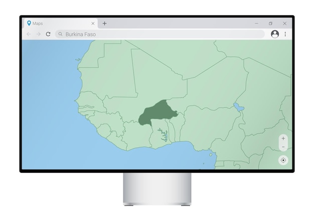 Computermonitor mit karte von burkina faso im browser, suche nach dem land burkina faso im web-mapping-programm.