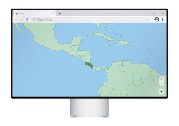 Computermonitor mit karte von costa rica in der browsersuche nach dem land costa rica in der vektorvorlage des web-mapping-programms