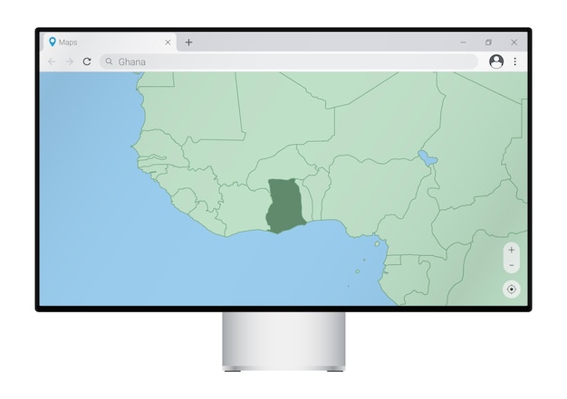 Computermonitor mit karte von ghana im browser, suchen sie im web-mapping-programm nach dem land ghana.