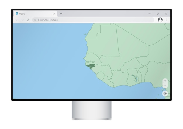 Computermonitor mit karte von guinea-bissau im browser, suche nach dem land guinea-bissau im web-mapping-programm.