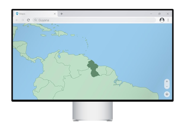 Computermonitor mit karte von guyana im browser, suchen sie im web-mapping-programm nach dem land guyana.