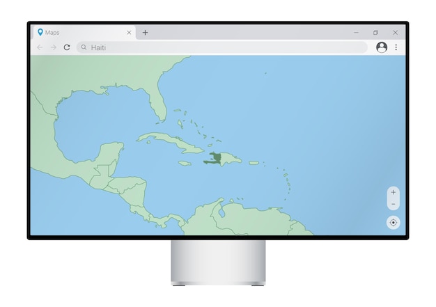 Computermonitor mit karte von haiti in der browsersuche nach dem land haiti in der vektorvorlage des web-mapping-programms