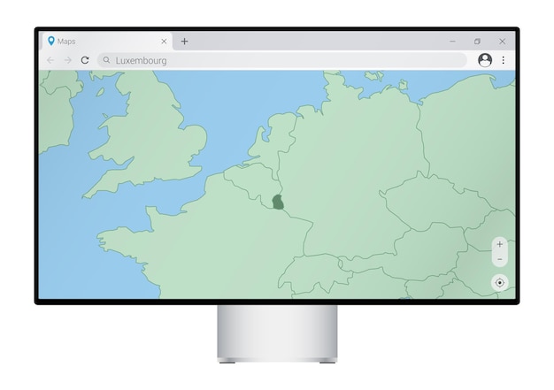 Computermonitor mit karte von luxemburg im browser, suchen sie im web-mapping-programm nach dem land luxemburg.