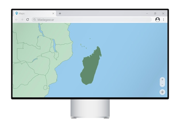 Computermonitor mit karte von madagaskar im browser, suchen sie im web-mapping-programm nach dem land madagaskar.