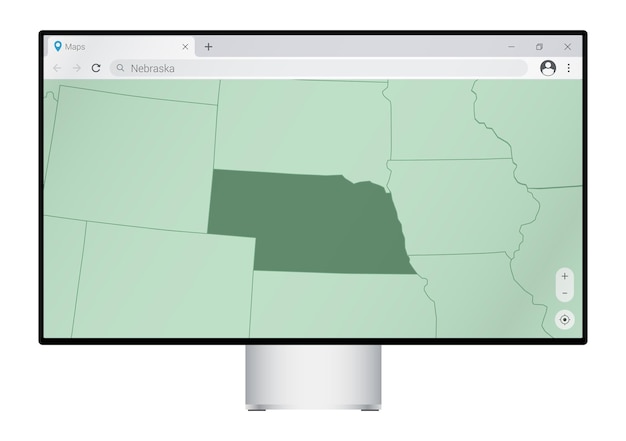 Computermonitor mit karte von nebraska in der browsersuche nach dem land nebraska im web-mapping-programm