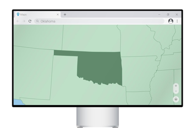 Computermonitor mit karte von oklahoma in der browsersuche nach dem land oklahoma im web-mapping-programm