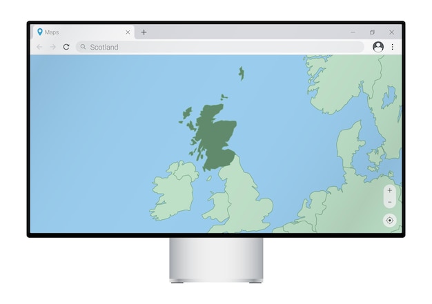 Computermonitor mit karte von schottland in der browsersuche nach dem land schottland im web-mapping-programm