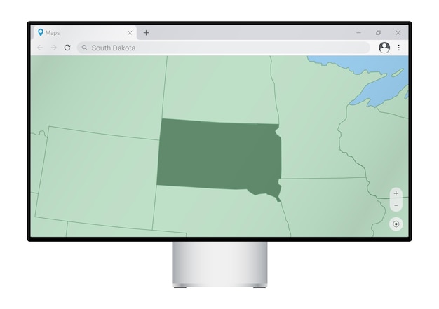Computermonitor mit Karte von South Dakota in der Browsersuche nach dem Land South Dakota im Web-Mapping-Programm