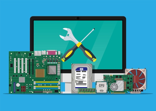 Computermonitor, Motherboard, Festplatte, CPU, Lüfter, Grafikkarte, Speicher, Schraubendreher und Schraubenschlüssel.