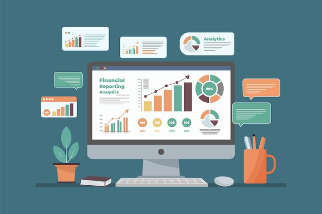 Computermonitor zeigt Finanzberichterstattungs-Infographiken einschließlich verschiedener Diagramme an