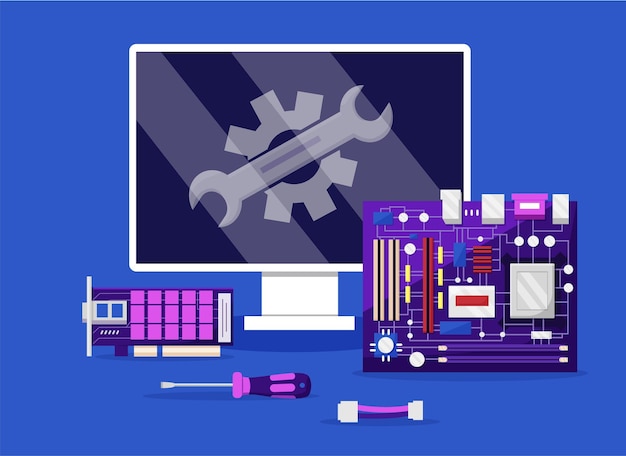 Vektor computerreparatur wartungsunterstützung pc-diagnose elektronische hardware werkstattservice komponentenprobleme beheben gerätemonitor motherboard mit mikrochips vektorillustration