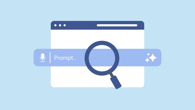 Concept of AI generate a prompt Browser window with generate bar and magnifying glass Artificial intelligence technology for digital content and automated data transformation Vector illustration