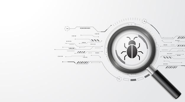 concept of cyber security magnifying glass focus malware on the circuit board cyber attack and data hack dangers of internet theft modern futuristic design background vector illustration