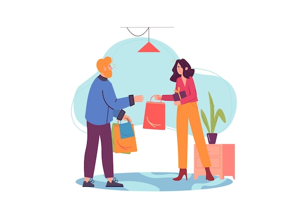 Concept Shopping mit People-Szene im flachen Cartoon-Stil Store Consultant gibt die verpackte Ware