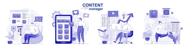 Content-manager-isoliertes set in flachem design menschen, die bilder und grafische elemente zeichnen