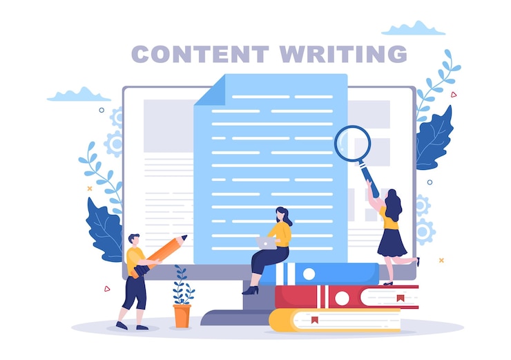 Vektor content writer oder journalist background vector illustration für copy writing, forschung, entwicklungsidee und roman- oder buchskript im flachen stil