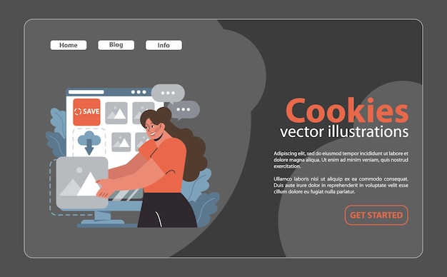 Vektor cookie-konzept lächelnde frau interagiert mit einer webseite, die speicher- und cloud-symbole anzeigt