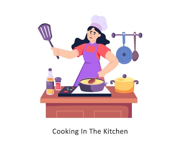 Cooking In The Kitchen Flat-Stil Design Vektor-Stock-Illustrationen