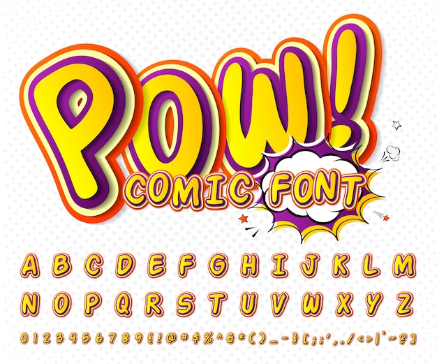 Coole comic-schrift, kinder-alphabet im comic-stil, pop-art. mehrschichtige lustige bunte buchstaben und zahlen