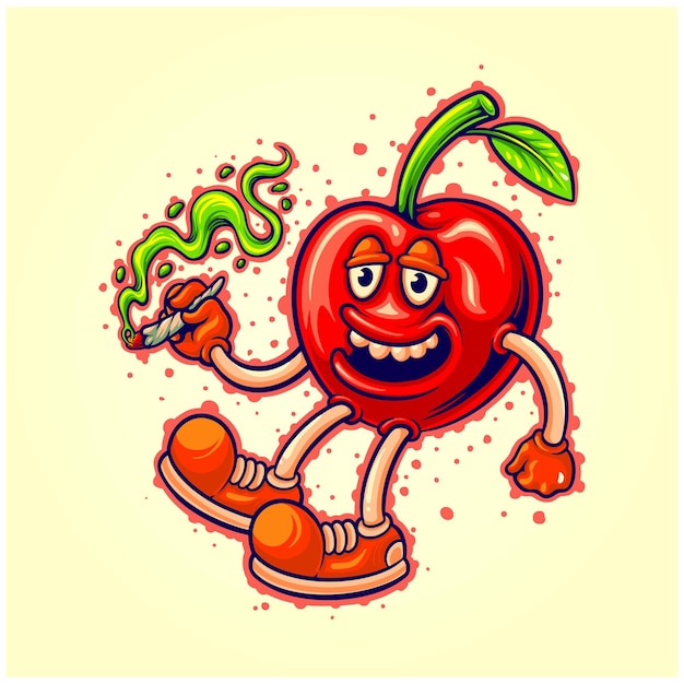 Coole kirschfrucht, die marihuana-logoillustration raucht