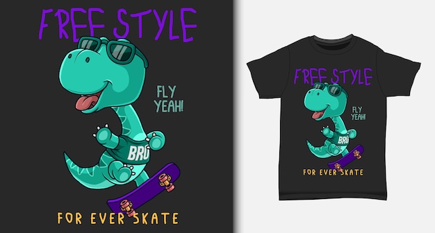 Cooler dinosaurier, der skateboard spielt. mit t-shirt design.