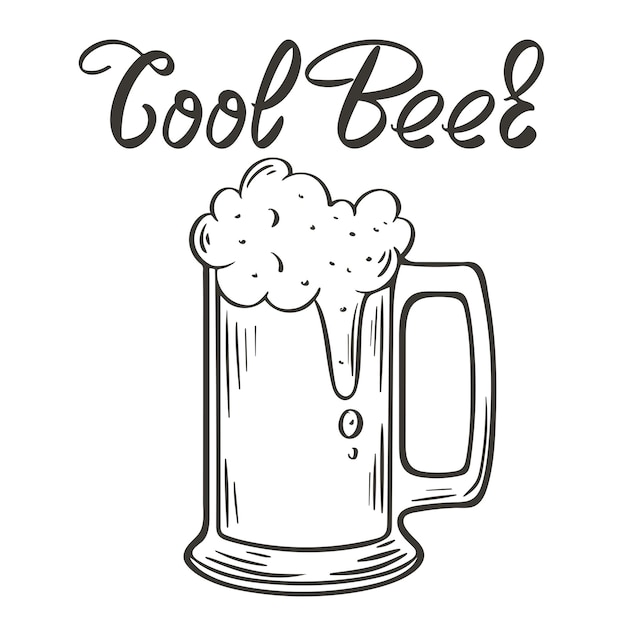 Cooler handgeschriebener bierschriftzug und becher mit trinkglas mit schaumiger biertintenskizze mit niedrigem alkoholgehalt