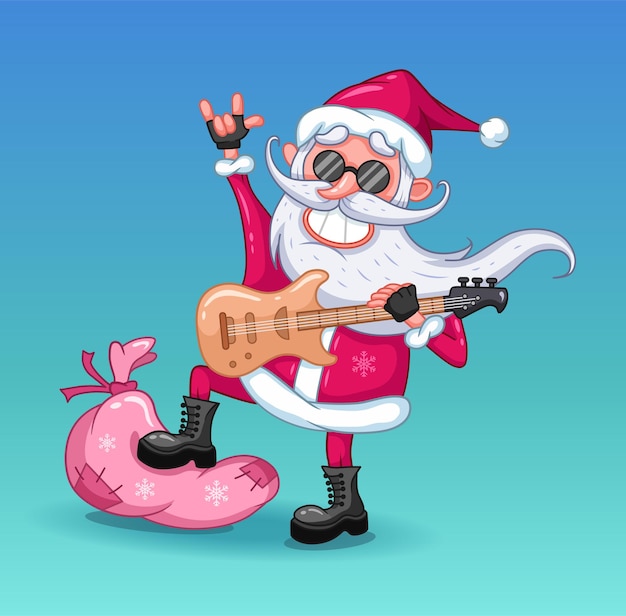 Cooler Weihnachtsmann mit elektronischer Gitarre, die auf der Geschenktüte steht, Cartoon-Weihnachtsillustration