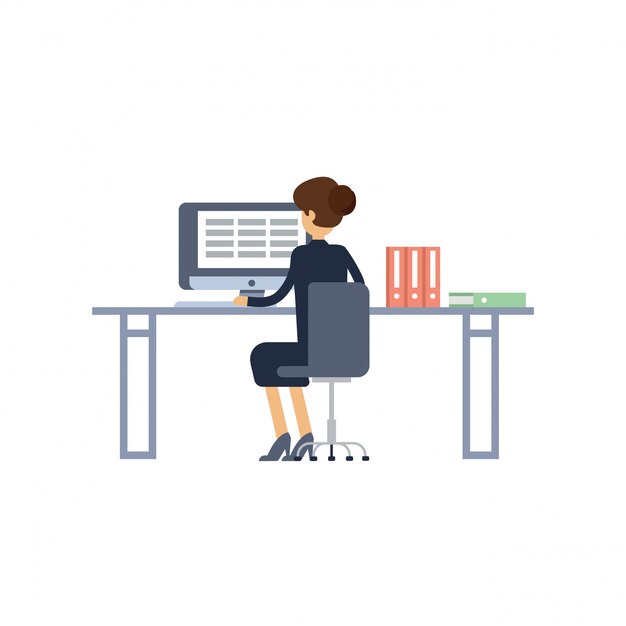 Cooles flaches Charakterdesign auf Bürogeschäftsfrau, die im Büro hinter ihrem Schreibtisch mit Desktop-Computer arbeitet. Geschäftsfrau, die Computer benutzt.