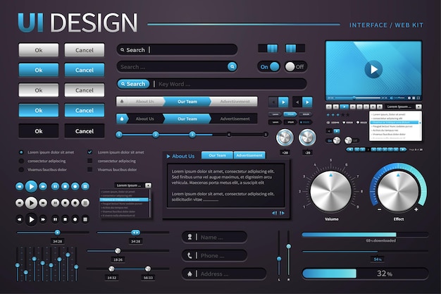 Cooles UI-Design mit verschiedenen Buttons in Schwarz- und Blauton, 3D-Darstellung