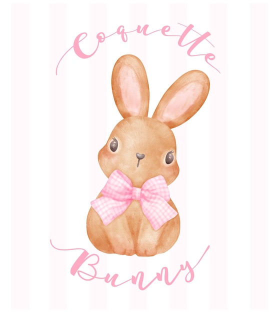 Vektor coquette bunny adorable braunes kaninchen mit rosa bandbogen aquarell ästhetische malerei