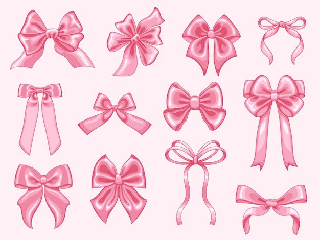 Coquette rosa Bandbogen Glänzender Satinbogen für Geschenkverpackung y2k ästhetisches Haardekor und trendige elegante Mädchenaccessoires isolierte Vektorillustrationssatz Seidenrosenknoten für Geburtstagsdekoration