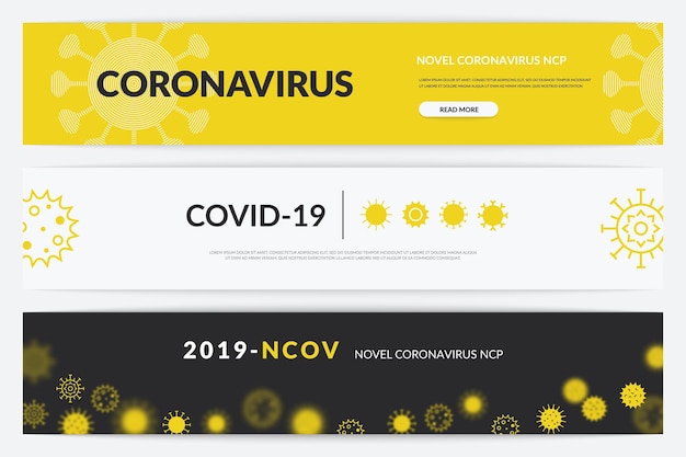 Vektor corona-virus-banner gefährliche 2019ncov-krankheit lungenentzündung und grippeprävention verbreitung der covid19-flyer-sammlung webposter mit text und schaltflächen meldesatz für vektorkrankheiten