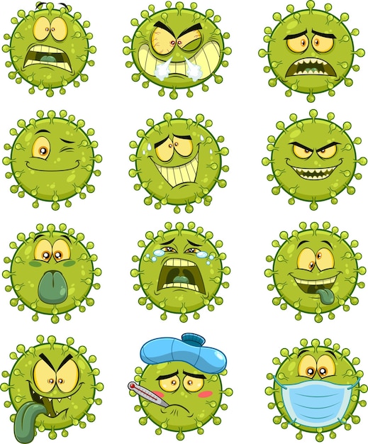 Coronavirus covid19 cartoon emoji-charaktere der pathogenen bakterien-vektor-sammlung