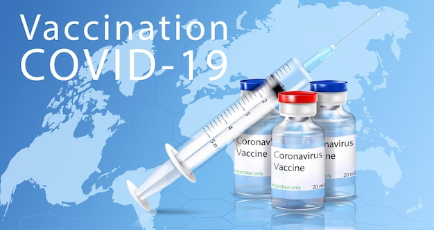 Coronavirus-impfbanner mit covid-19-impfstoffflasche, spritze auf dem hintergrund der karte. 3d-vektor realistisch. vektorkonzept der immunisierung, behandlung, medizinische forschung.